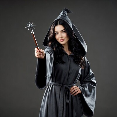 Woman in witch costume holding wand