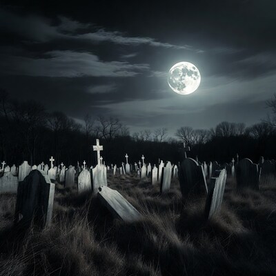 Moonlit Cemetery with Gravestones