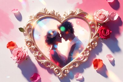 Couple kissing in ornate heart frame