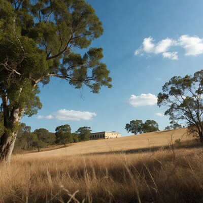 Beige House Amid Eucalyptus Trees and Golden Grass