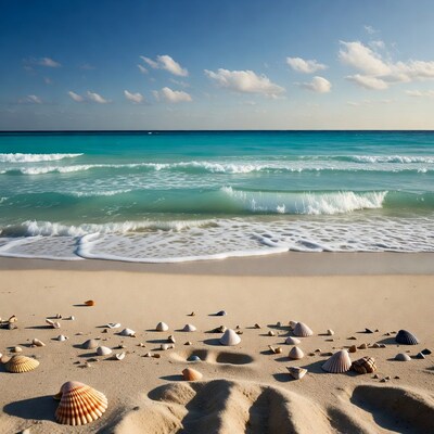 Seashells and footprints on tropical beach