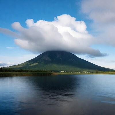 Volcano with clouds over lake