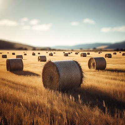 Hay bales in golden wheat field