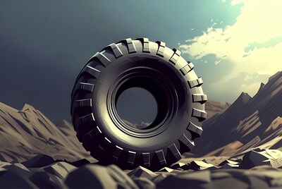 Giant tire in rocky mountains