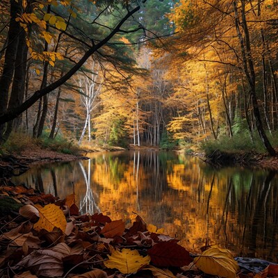 Autumn Forest River with Fall Reflections