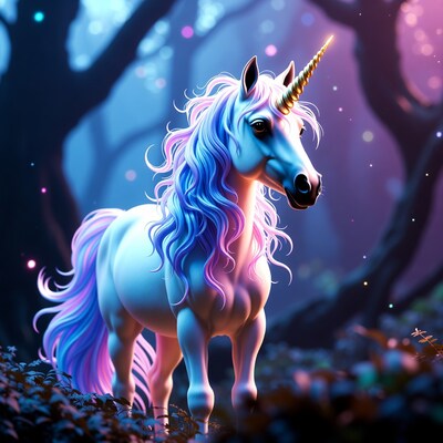 Magical Blue Unicorn in Enchanted Forest