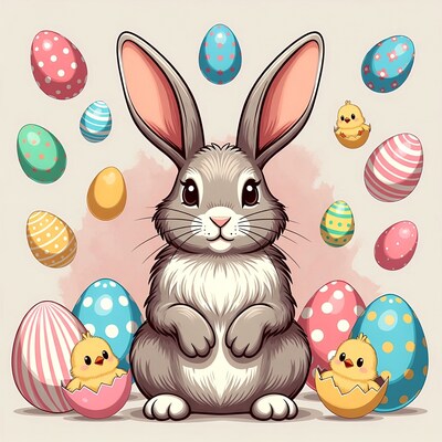 Cute Bunny with Easter Eggs and Chicks