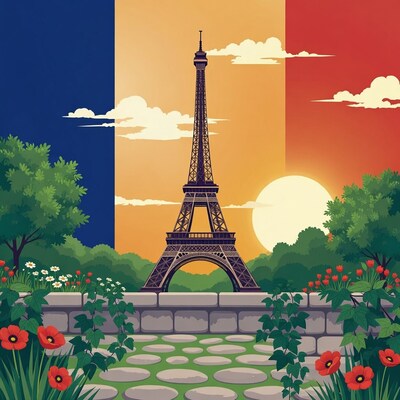 Eiffel Tower with French Flag Sunset