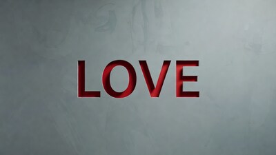 Red LOVE text cutout on gray background