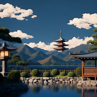 Floating Pagoda Over Japanese Garden Lake