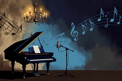 Grand Piano with Microphone and Notes
