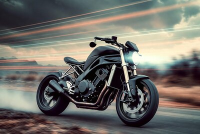 Black motorcycle speeding on road