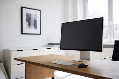 Modern office desk with blank monitor
