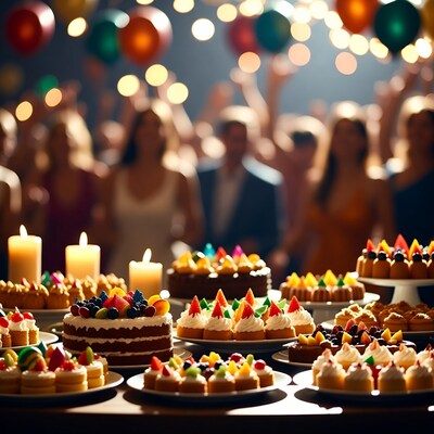 Birthday Cake Dessert Table with Party Crowd