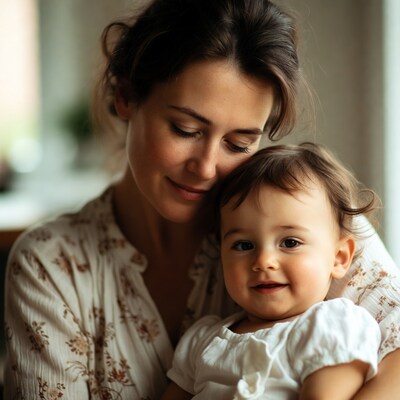 Mother hugging smiling baby