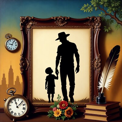 Father and son silhouette in ornate frame