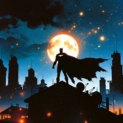 Batman silhouette on rooftop with moon