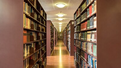 Library Bookshelves in Long Aisle