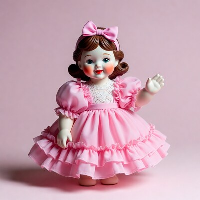 Pink dress doll girl waving