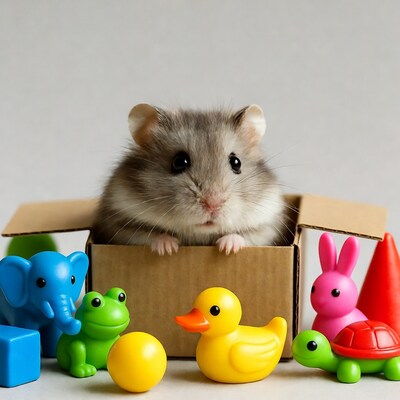 Hamster in box with colorful bath toys