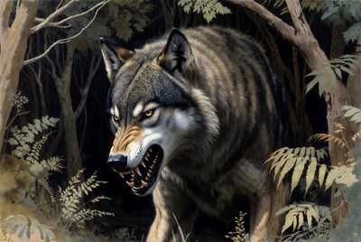 Growling Gray Wolf in Forest