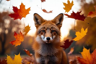 Red Fox Surrounded by Autumn Leaves