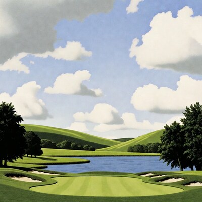 Golf course with lake and hills