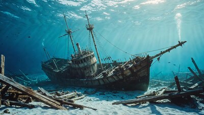 Sunken Shipwreck Underwater with Fish