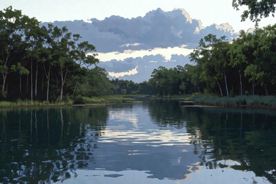 River between trees at sunset