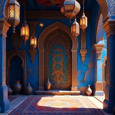 Moroccan Blue Courtyard with Lanterns