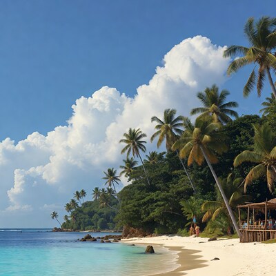 Tropical beach with palm trees and people
