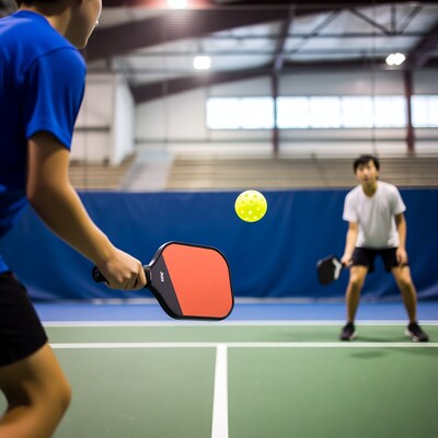 Asian boys playing pickleball in gym