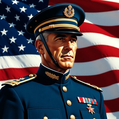 Naval officer in uniform with American flag