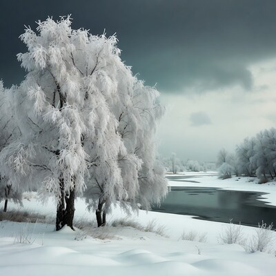 Frost-covered trees by frozen river
