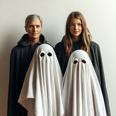 Man and woman holding ghost masks