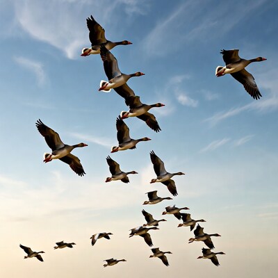 Flock of geese flying in sky