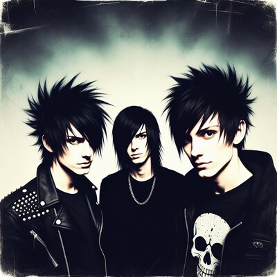 Three emo boys with spiky black hair