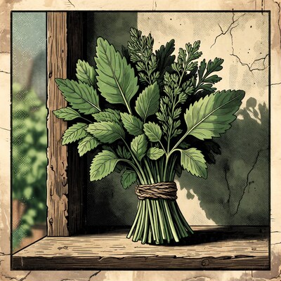 Bundle of parsley on windowsill