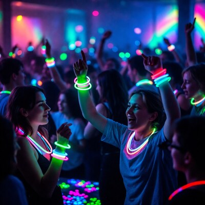 Crowd dancing with glow sticks at neon party