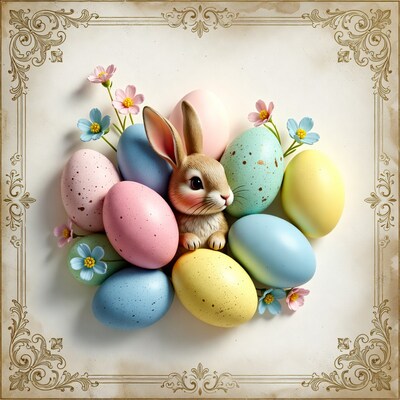 Cute bunny surrounded by Easter eggs