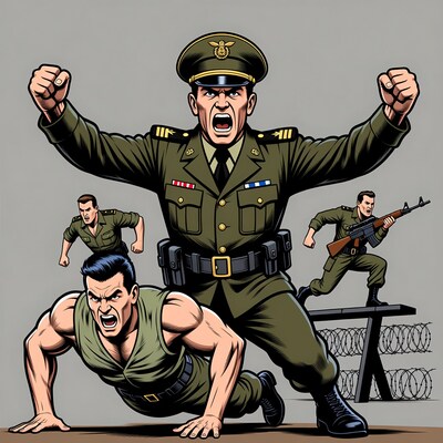 Angry military officer shouting at soldiers
