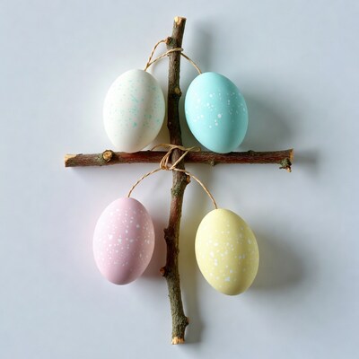 Colorful speckled eggs on branch