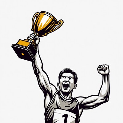 Asian man holding trophy victoriously