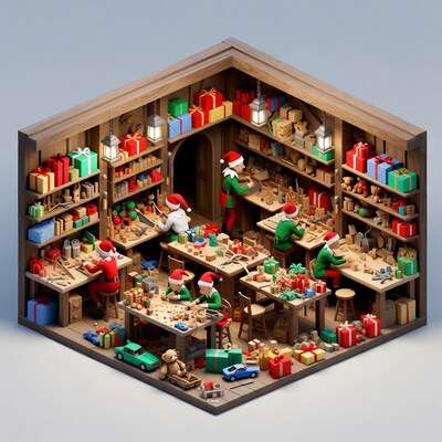 Elves crafting toys in Santa workshop