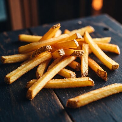 Golden french fries on wooden table