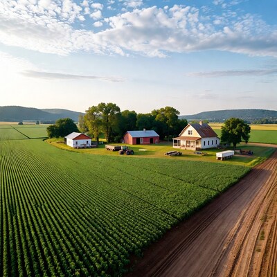 Aerial View Farm Cornfields Red Barn