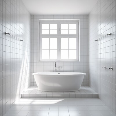 White bathtub in tiled bathroom