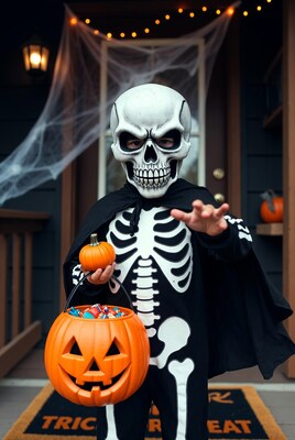 Boy in skeleton costume trick-or-treating