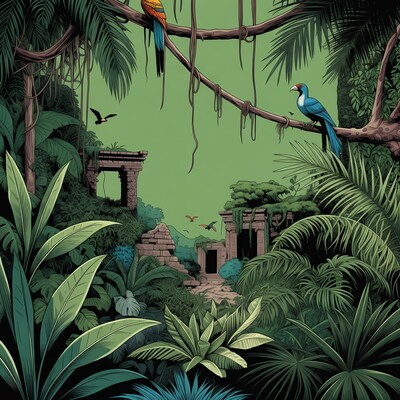 Jungle Ruins with Parrots Illustration