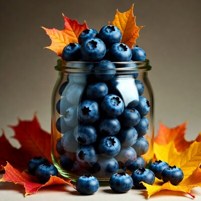 Blueberries in Jar with Autumn Leaves